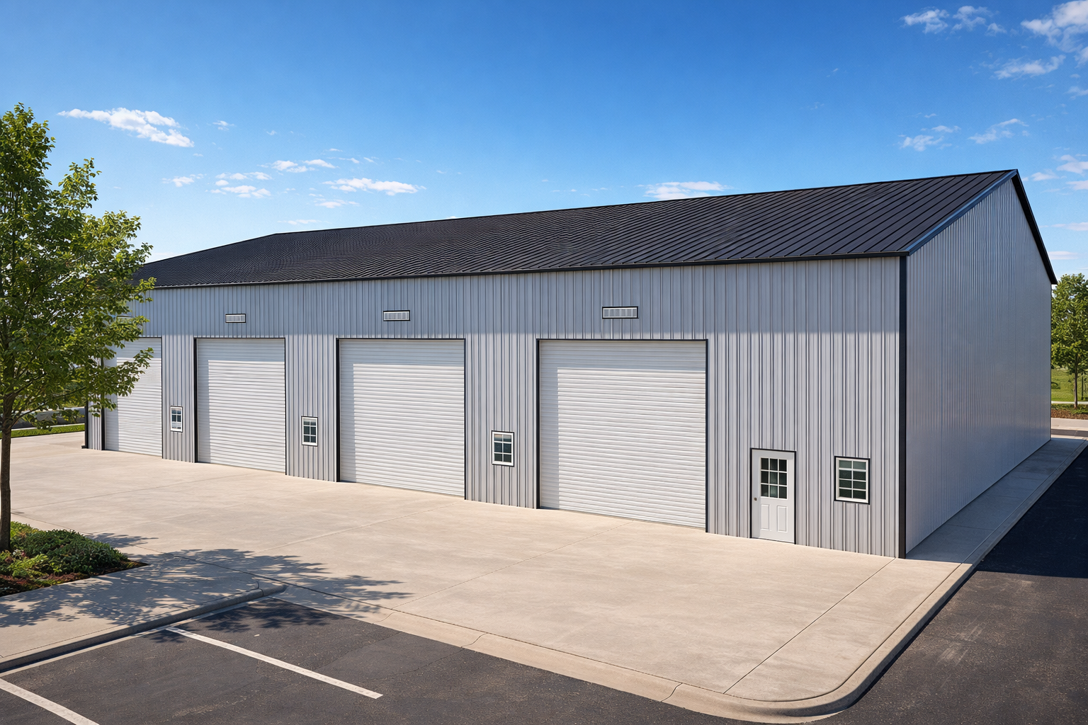 Large commercial metal building with lean-to