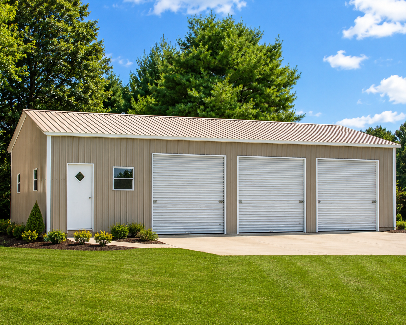 24x45 vertical roof metal garage with three roll up doors